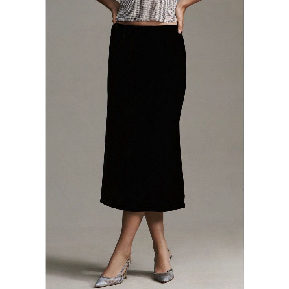 Anthropologie Sz M Tilda Velvet Slip Skirt Black Midi Bias Cut - Picture 6 of 11